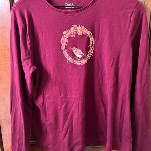 💜 CROFT & BARROW Cute Maroon Long Sleeve Shirt with Bird Design. Size M